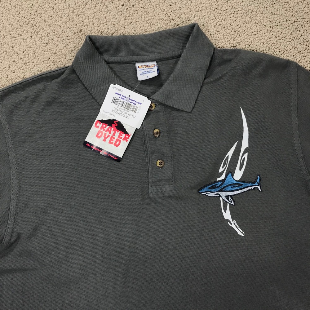 Crazy Shirts Hawaii Shark Patrol Crater Dyed Polo Shirt Mens Large Gray NWT